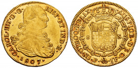 Charles IV (1788-1808). 8 escudos. 1807. Popayán. JF. (Cal-1688). (Cal onza-1074). (Restrepo-98-36). Au. 27,02 g. Choice VF. Est...1300,00. 

Spanis...