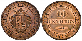 Centenary of the Peseta (1868-1931). I Republic. 10 centimos. 1873. Andorra. (Cal-2). Ae. 7,15 g. Gorgeous specimen. Original luster. Rare. Mint state...