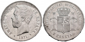 Centenary of the Peseta (1868-1931). Amadeo I (1871-1873). 5 pesetas. 1871*18-71. Madrid. SDM. (Cal-1). Ag. 25,01 g. Choice VF/Almost XF. Est...75,00....