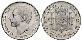 Centenary of the Peseta (1868-1931). Alfonso XII (1874-1885). 1 peseta. 1882/1*18-82. Madrid. MSM. (Cal-19). Ag. 5,00 g. With some original luster rem...