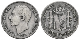 Centenary of the Peseta (1868-1931). Alfonso XII (1874-1885). 1 peseta. 1884*18-84. Madrid. MSM. (Cal-23). Ag. 4,87 g. Very rare. Choice F. Est...500,...