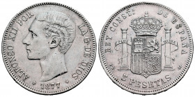 Centenary of the Peseta (1868-1931). Alfonso XII (1874-1885). 5 pesetas. 1877*18-77. Madrid. DEM. (Cal-38). Ag. 24,85 g. Cleaned. Minor nicks on edge....