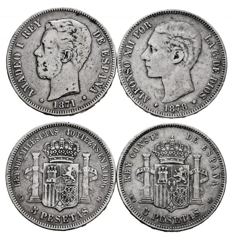 Centenary of the Peseta (1868-1931). Lot of 2 coins, 5 pesetas; 1871 y 1878. TO ...
