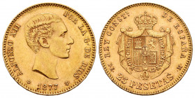 Centenary of the Peseta (1868-1931). Alfonso XII (1874-1885). 25 pesetas. 1877*18-77. Madrid. DEM. (Cal-68). Au. 8,06 g. Almost XF. Est...300,00. 

...