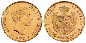 Centenary of the Peseta (1868-1931). Alfonso XII (1874-1885). 25 pesetas. 1878 *18-78. Madrid. DEM. (Cal-70). Au. 8,07 g. Minimal marks. XF/Almost XF....
