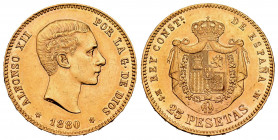 Centenary of the Peseta (1868-1931). Alfonso XII (1874-1885). 25 pesetas. 1880 *18-80. Madrid. MSM. (Cal-79). Au. 8,09 g. Minor marks on obverse. Almo...
