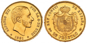 Centenary of the Peseta (1868-1931). Alfonso XII (1874-1885). 25 pesetas. 1881 *18-81. Madrid. MSM. (Cal-82). Au. 8,09 g. Minor marks on reverse. Mino...
