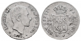 Centenary of the Peseta (1868-1931). Alfonso XII (1874-1885). 10 centavos. 1880. Manila. (Cal-92). Ag. 2,45 g. Cleaned rust. Rare. F. Est...150,00. 
...