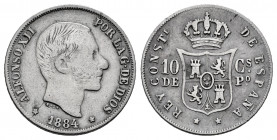 Centenary of the Peseta (1868-1931). Alfonso XII (1874-1885). 10 centavos. 1884. Manila. (Cal-100). Ag. 2,52 g. Very rare. Almost VF/VF. Est...450,00....