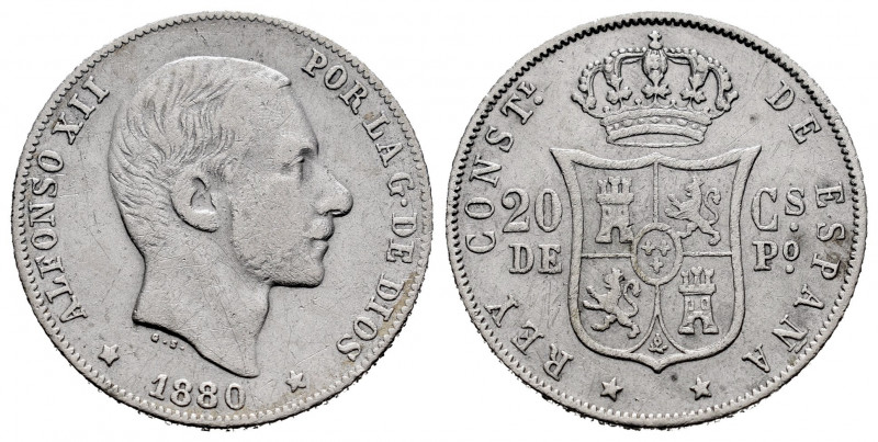 Centenary of the Peseta (1868-1931). Alfonso XII (1874-1885). 20 centavos. 1880....