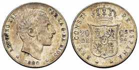 Centenary of the Peseta (1868-1931). Alfonso XII (1874-1885). 20 centavos. 1880. Manila. (Cal-103). Ag. 5,08 g. Rare. Cleaned. Almost VF. Est...600,00...