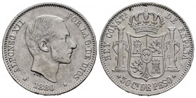 Centenary of the Peseta (1868-1931). Alfonso XII (1874-1885). 50 centavos. 1880. Manila. (Cal-112). Ag. 12,94 g. Cleaned. Very scarce. VF. Est...170,0...