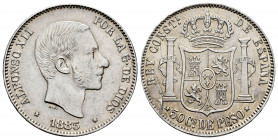 Centenary of the Peseta (1868-1931). Alfonso XII (1874-1885). 50 centavos. 1885. Manila. (Cal-124). Ag. 13,04 g. Die break on reverse. Attractive. XF....