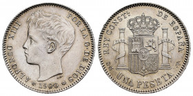 Centenary of the Peseta (1868-1931). Alfonso XIII (1886-1931). 1 peseta. 1900*19-00. Madrid. SMV. (Cal-59). Ag. 5,00 g. Minor nick on edge. XF. Est......