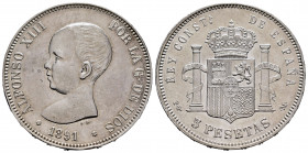 Centenary of the Peseta (1868-1931). Alfonso XIII (1886-1931). 5 pesetas. 1891*18-91. Madrid. PGM. (Cal-98). Ag. 24,92 g. With some original luster re...