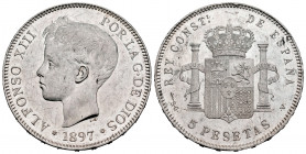 Centenary of the Peseta (1868-1931). Alfonso XIII (1886-1931). 5 pesetas. 1897*18-97. Madrid. SGV. (Cal-107). Ag. 24,82 g. Minor marks. Original luste...