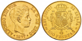 Centenary of the Peseta (1868-1931). Alfonso XIII (1886-1931). 100 pesetas. 1897*18-97. Madrid. SGV. (Cal-119). Au. 32,25 g. Minor nicks on edge. Scra...