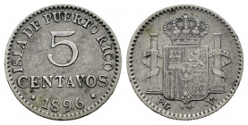 Centenary of the Peseta (1868-1931). Alfonso XIII (1886-1931). 5 centavos. 1896. Puerto Rico. PGV. (Cal-124). Ag. 1,27 g. Choice VF/VF. Est...50,00. ...