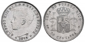 Centenary of the Peseta (1868-1931). Alfonso XIII (1886-1931). 20 centavos. 1895. Puerto Rico. PGV. (Cal-126). Ag. 4,97 g. Original luster. AU. Est......