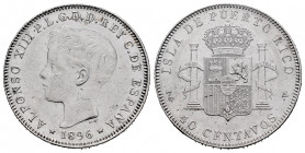 Centenary of the Peseta (1868-1931). Alfonso XIII (1886-1931). 40 centavos. 1896. Puerto Rico. PGV. (Cal-127). Ag. 10,01 g. Very scarce. VF. Est...350...