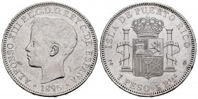 Centenary of the Peseta (1868-1931). Alfonso XIII (1886-1931). 1 peso. 1895. Puerto Rico. PGV. (Cal-128). Ag. 24,88 g. Minor nick on edge. Rare. Almos...