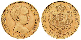 Centenary of the Peseta (1868-1931). Alfonso XIII (1886-1931). 20 pesetas. 1890 *18-XX. Madrid. PGV. (Cal-171). Au. 6,44 g. Second star ,anepigraph. C...