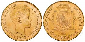 Estado Español (1936-1975). 100 pesetas. 1897*19-61. Madrid. SGV. (Cal-177). Au. 32,27 g. Original luster. Almost MS/Mint state. Est...1500,00. 

Sp...