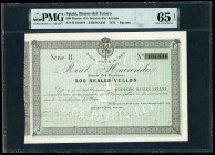 500 reales de vellon. 1873. Bayonne. (Ed-211). 1st november, Real Hacienda. Bonos del Tesoro. Serie B. Slabbed by PMG as Gem Uncirculated 65 EPQ. Est....