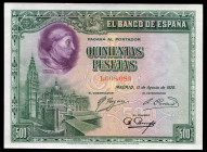 500 pesetas. 1928. Madrid. (Ed-356). August 15, Cardinal Cisneros. Without serie. Minimal wrinkles. Almost MS. Est...50,00. 

Spanish Description: 5...