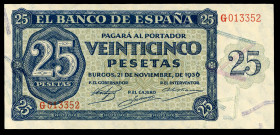 25 pesetas. 1936. Burgos. (Ed-419a). 21 November by Giesecke and Devrient. Serie G. Central bend. Choice VF. Est...70,00. 

Spanish Description: 25 ...