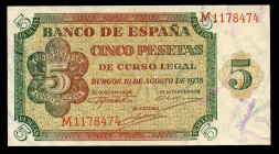 5 pesetas. 1938. Burgos. (Ed-435b). August 10, by Giesecke and Devrient. Serie M. Rare. AU. Est...200,00. 

Spanish Description: 5 pesetas. 1938. Bu...
