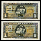 1 peseta. 1940. Madrid. (Ed-442a). September 4, nao Santa Maria. Serie A. Correlative pair. Almost MS. Est...60,00. 

Spanish Description: 1 peseta....
