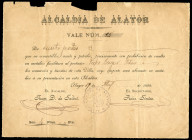 Alcaldía de Alayor. April 17, 1898. Voucher for 4 Pesetas redeemable in products from shops and stores. Slight faults in the upper part. Very rare. Ex...