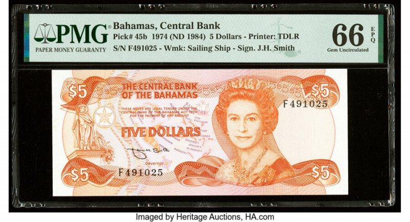 Bahamas Central Bank 5 Dollars 1974 (ND 1984) Pick 45b PMG Gem Uncirculated 66 E...