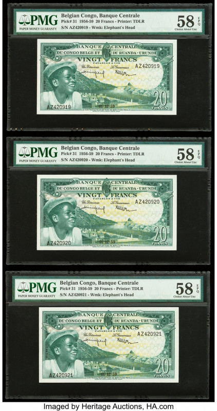 Belgian Congo Banque Centrale 20 Francs 1.12.1959 Pick 31 Three Consecutive Exam...