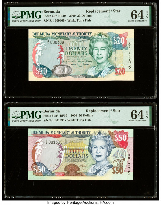 Bermuda Monetary Authority 20; 50 Dollars 24.5.2000 Pick 53*; 54a* Two Replaceme...