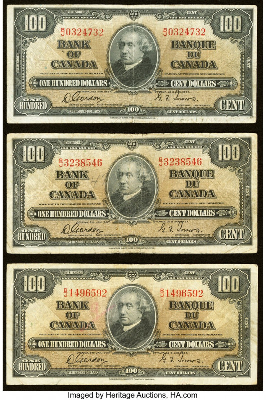 Canada Bank of Canada $100 2.1.1937 BC-27b Three Examples Fine. 

HID09801242017...