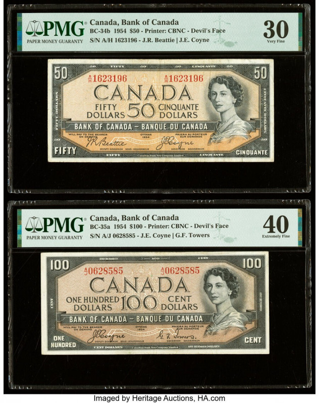 Canada Bank of Canada $50; 100 1954 BC-34b; BC-35a Two "Devil's Face" Examples P...