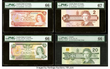 Canada Bank of Canada $2 (2); 20 (2) 1974; 1979; 1986; 1991 BC-47d; BC-54b-i; BC-55a; BC-58d Four Examples PMG Gem Uncirculated 66 EPQ (3); Superb Gem...