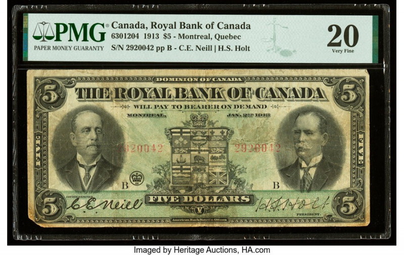 Canada Montreal, PQ- Royal Bank of Canada $5 2.1.1913 Ch.# 630-12-04 PMG Very Fi...