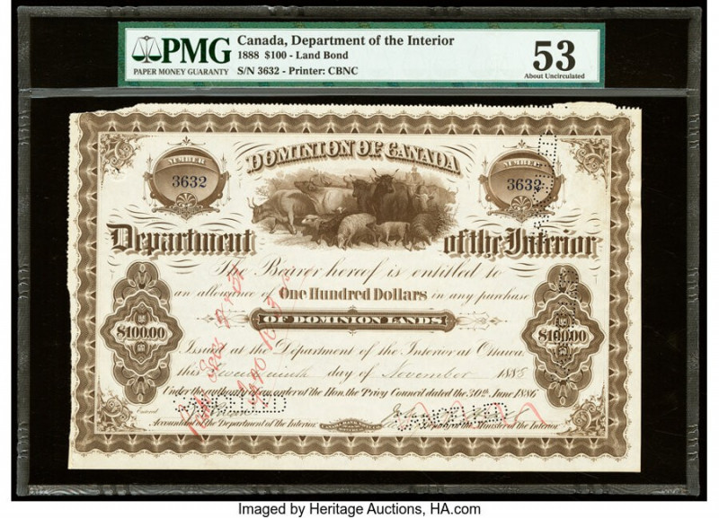 Canada Dominion of Canada $100 29.11.1888 Pick UNL Land Bond PMG About Uncircula...
