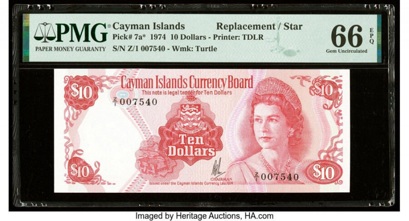 Cayman Islands Currency Board 10 Dollars 1974 (ND 1981) Pick 7a* Replacement PMG...