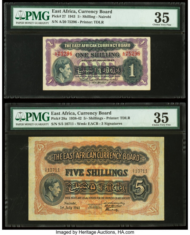 East Africa Currency Board 1; 5 Shillings 1.1.1943; 1.7.1941 Pick 27; 28a Two Ex...