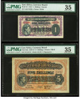 East Africa Currency Board 1; 5 Shillings 1.1.1943; 1.7.1941 Pick 27; 28a Two Examples PMG Choice Very Fine 35 (2). Minor thinning in mentioned on Pic...