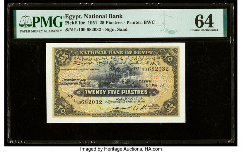 Egypt National Bank of Egypt 25 Piastres 15.5.1951 Pick 10e PMG Choice Uncircula...
