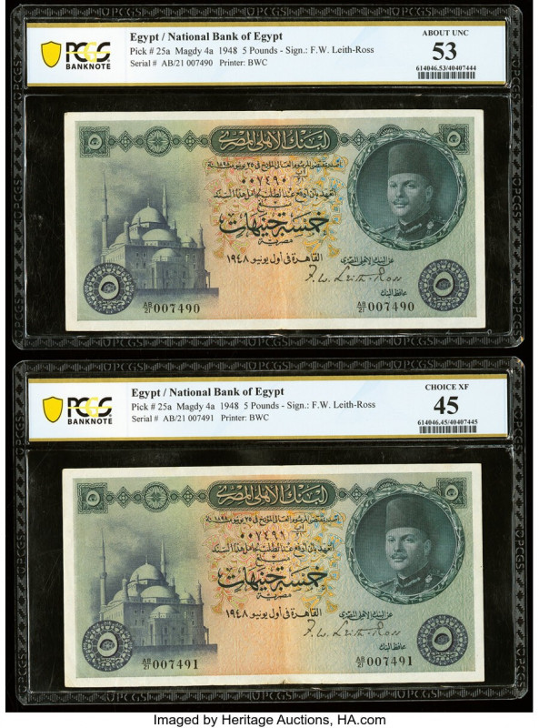 Egypt National Bank of Egypt 5 Pounds 1948 Pick 25a Two Consecutive Examples PCG...