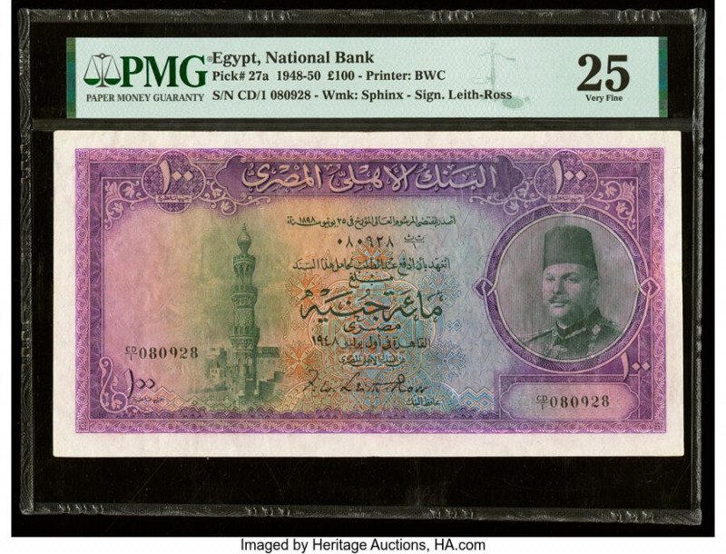 Egypt National Bank of Egypt 100 Pounds 1948-50 Pick 27a PMG Very Fine 25. Minor...