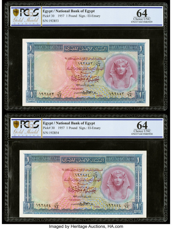 Egypt National Bank of Egypt 1 Pound 1957 Pick 30 Two Consecutive Examples PCGS ...