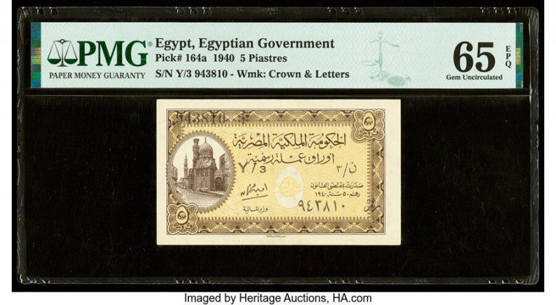Egypt Egyptian Government 5 Piastres 1940 Pick 164a PMG Gem Uncirculated 65 EPQ....