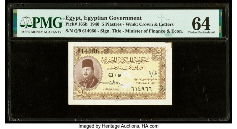 Egypt Egyptian Government 5 Piastres 1940 Pick 165b PMG Choice Uncirculated 64. ...